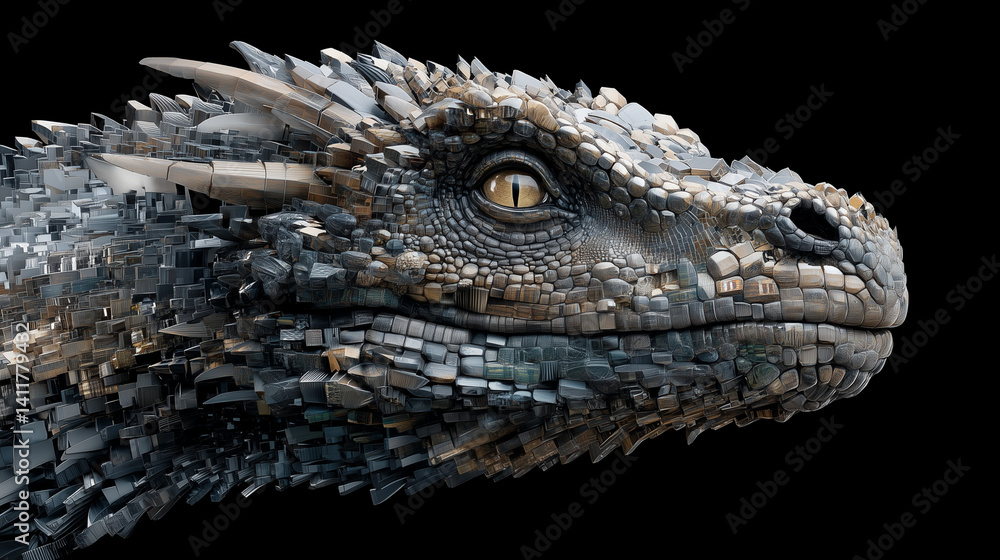 Fototapeta premium Dragon head sculpture in intricate design against black background
