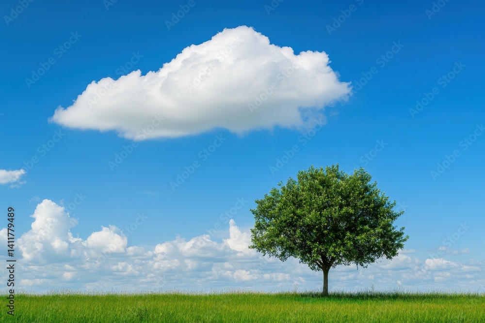 Cloud Tree on a Green Field. Fluffy Cloud in the Branches of a Nature Tree Cloud Tree on a Green Field. Fluffy Cloud in the Branches of a Nature Tree