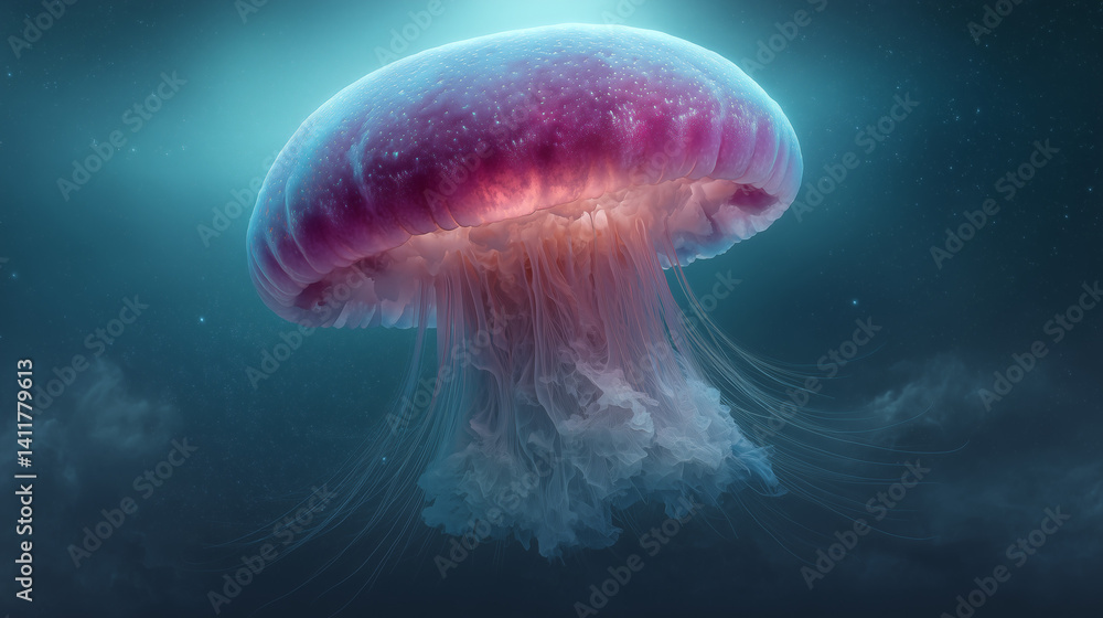 Fototapeta premium Luminous jellyfish floating in deep ocean waters 