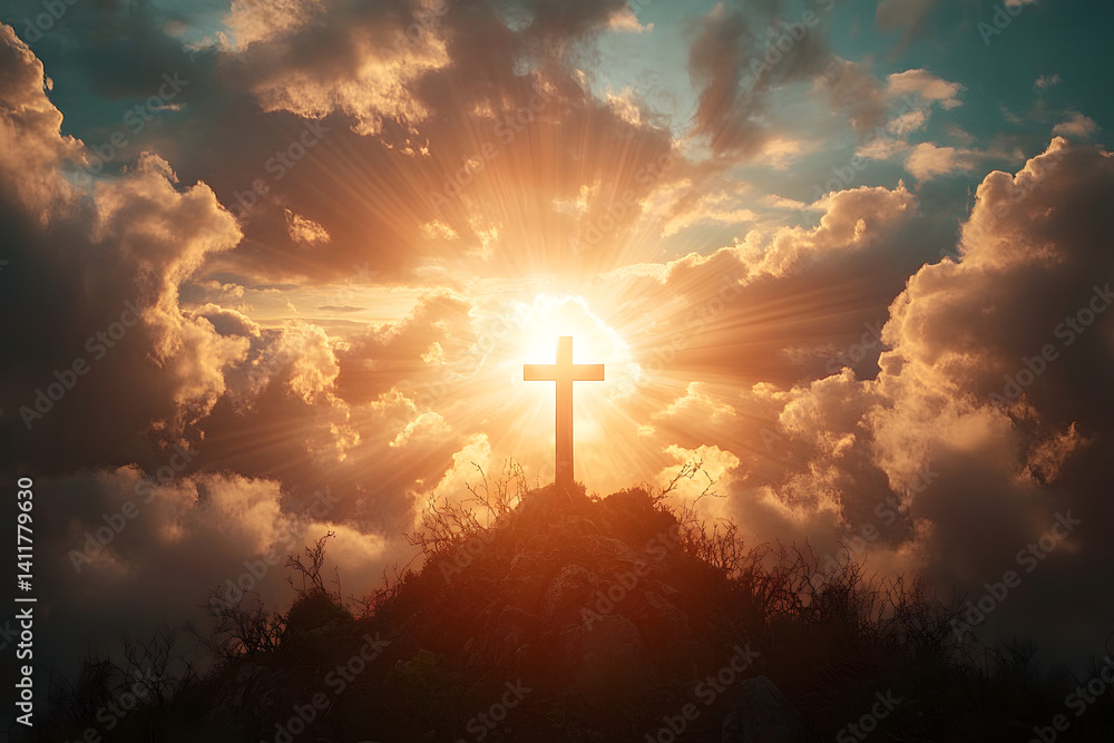 Fototapeta premium Beautiful sky at sunrise with clouds and sun. Heavenly light rays breaking through clouds. Divinity light. Easter morning. Biblical scene, heaven, sign from God. Resurrection and ascension of Christ