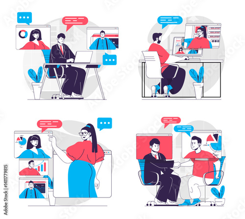 video business conference concept set colleagues discuss tasks online meeting