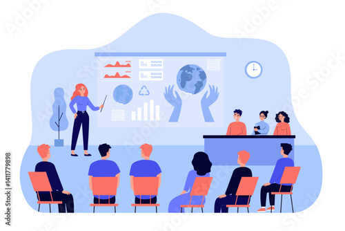 female speaker standing front presentation