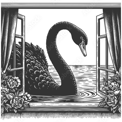 black swan emerging through an open window from a calm lake, representing unexpected and disruptive events sketch engraving generative ai vector illustration. Scratch board. Black and white image.