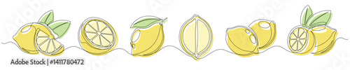 Lemon yellow continuous one line drawing set isolated on a white background. Horizontal banner. Outline lemon citrus collections. Editable stroke. Vector illustration