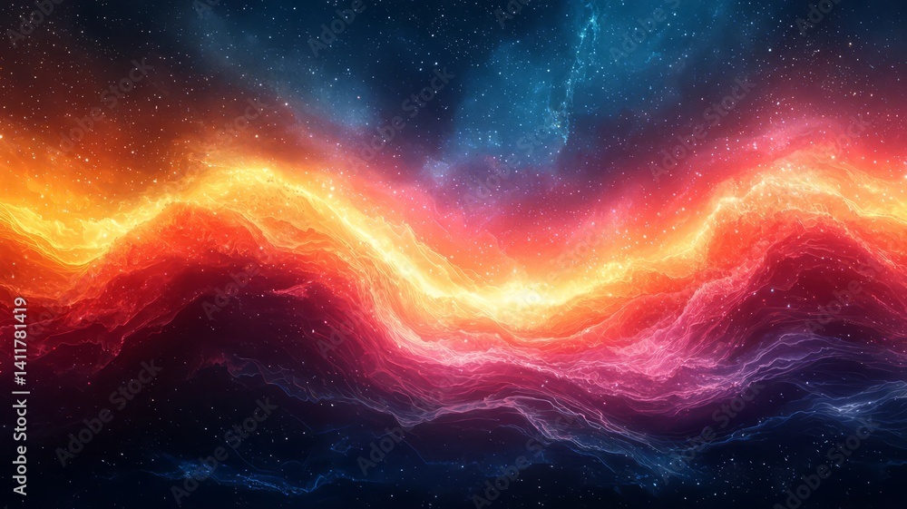 Obraz premium Vibrant cosmic waves of orange and pink light flowing through a deep blue galaxy, evoking a sense of wonder and exploration in a stunning abstract space scene.