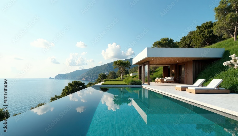 Fototapeta premium Sleek minimalist home, infinity pool, lush landscaping, minimal, geometric shapes, modern