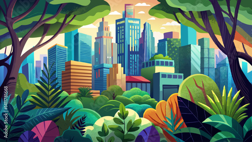 City buildings peek through the dense canopy of a vibrant urban woodland