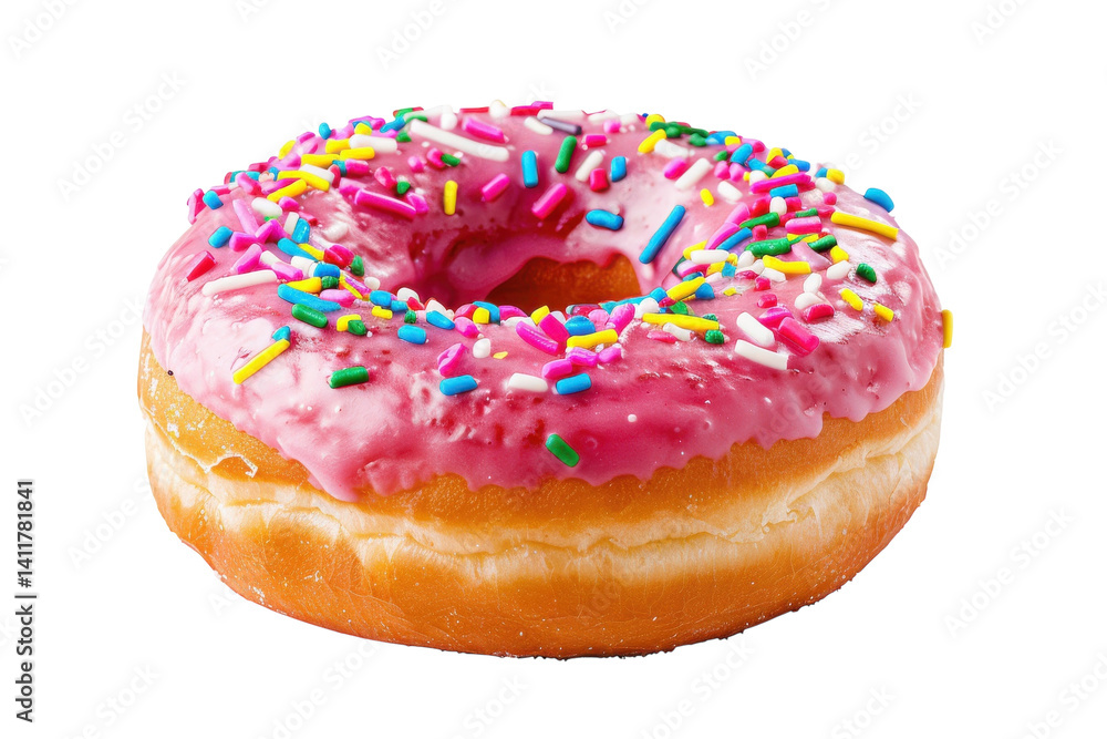 A delicious pink frosted donut topped with vibrant sprinkles, perfect for a sweet treat any time of day isolated on transparent background A delicious pink frosted donut topped with vibrant sprinkles, perfect for a sweet treat any time of day isolated on transparent background