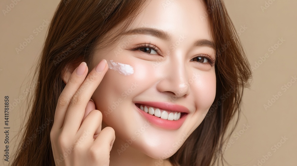 Asian Woman Applying Skincare Cream on Cheek for Glowing Skin, Natural Beauty Concept with Minimal Makeup Asian Woman Applying Skincare Cream on Cheek for Glowing Skin, Natural Beauty Concept with Minimal Makeup