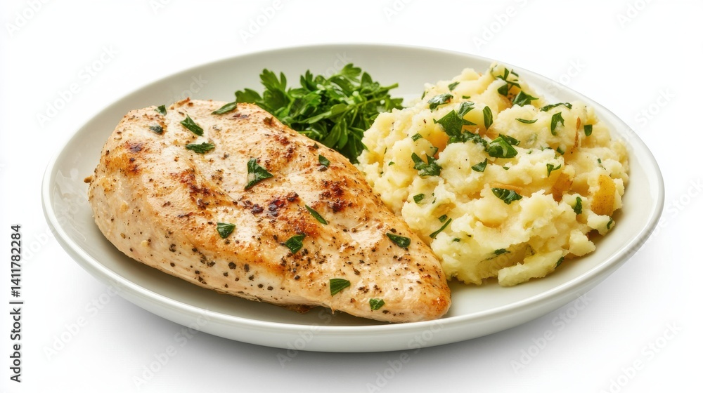 A plate featuring grilled chicken breast garnished with fresh rosemary, accompanied by a generous serving of creamy mashed potatoes. A plate featuring grilled chicken breast garnished with fresh rosemary, accompanied by a generous serving of creamy mashed potatoes.