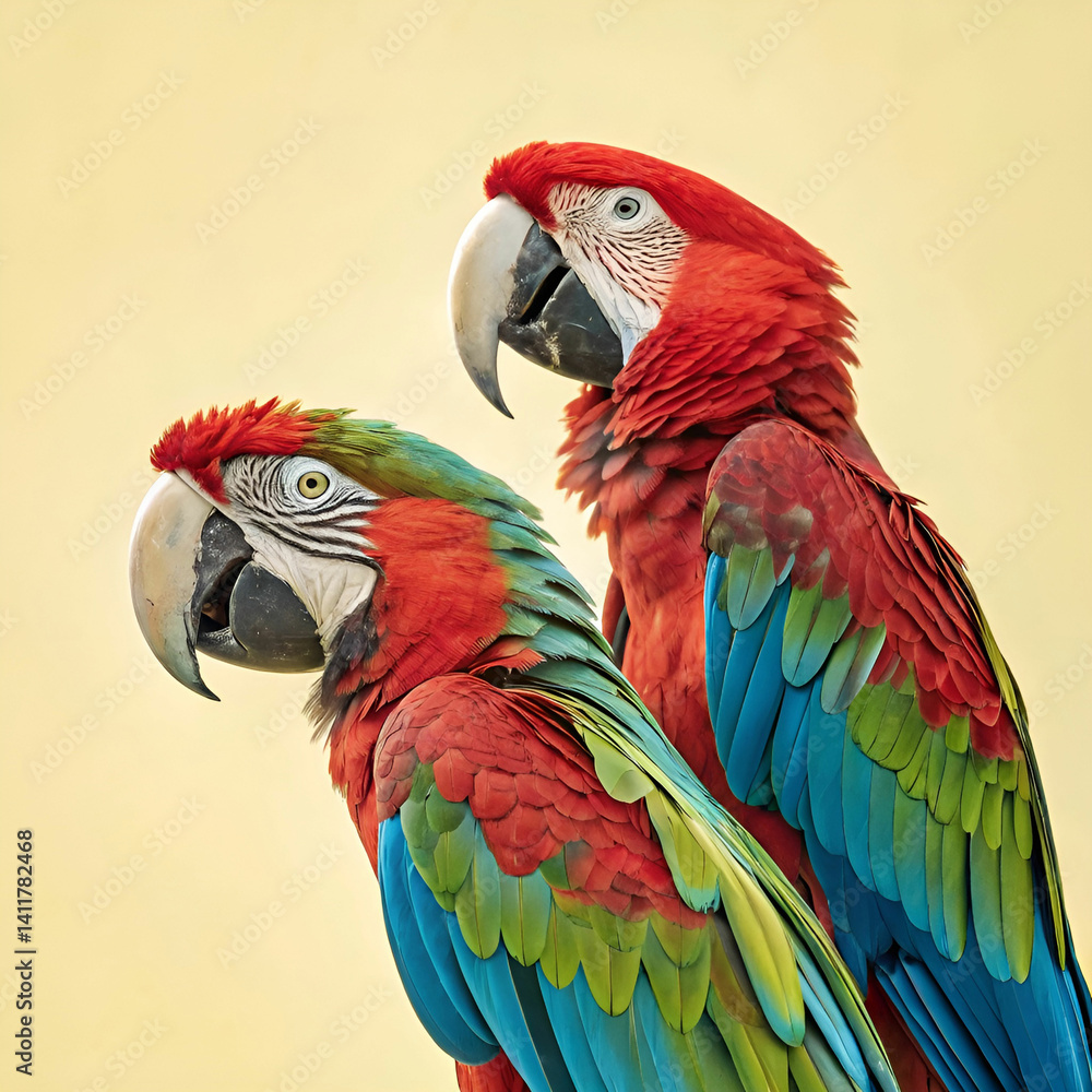 Fototapeta premium Macaws, colorful ultra-detailed image of two macaws perched together, showcasing their vivid, multi-colored feathers against a tropical backdrop of lush greenery and bright sunlight.