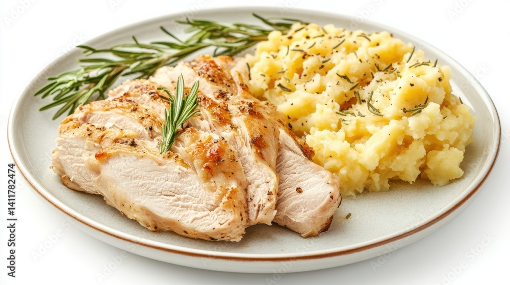 A plate featuring grilled chicken breast garnished with fresh rosemary, accompanied by a generous serving of creamy mashed potatoes. A plate featuring grilled chicken breast garnished with fresh rosemary, accompanied by a generous serving of creamy mashed potatoes.