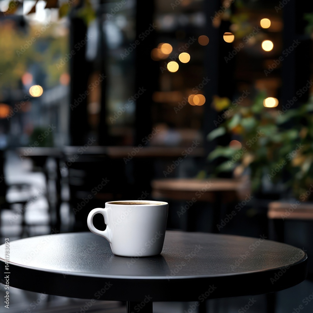 A close-up shot captures a white ceramic mug on a black round table, set against a blurred backdrop of an outdoor cafe scene with warm bokeh lights and subtle greenery. The image evokes a cozy A close-up shot captures a white ceramic mug on a black round table, set against a blurred backdrop of an outdoor cafe scene with warm bokeh lights and subtle greenery. The image evokes a cozy