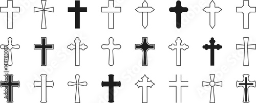 Collection of black religious cross icon.Religion cross symbols. Christians symbols