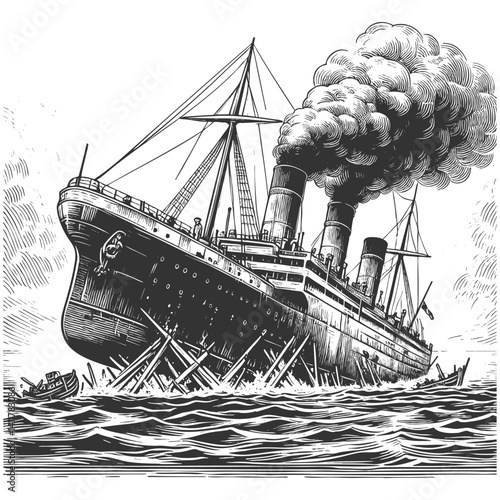 Vintage military ship in sea battle with birds flying overhead and smaller ships in the background sketch engraving generative ai vector illustration. Scratch board imitation. Black and white image.