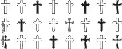 Collection of black religious cross icon.Religion cross symbols. Christians symbols