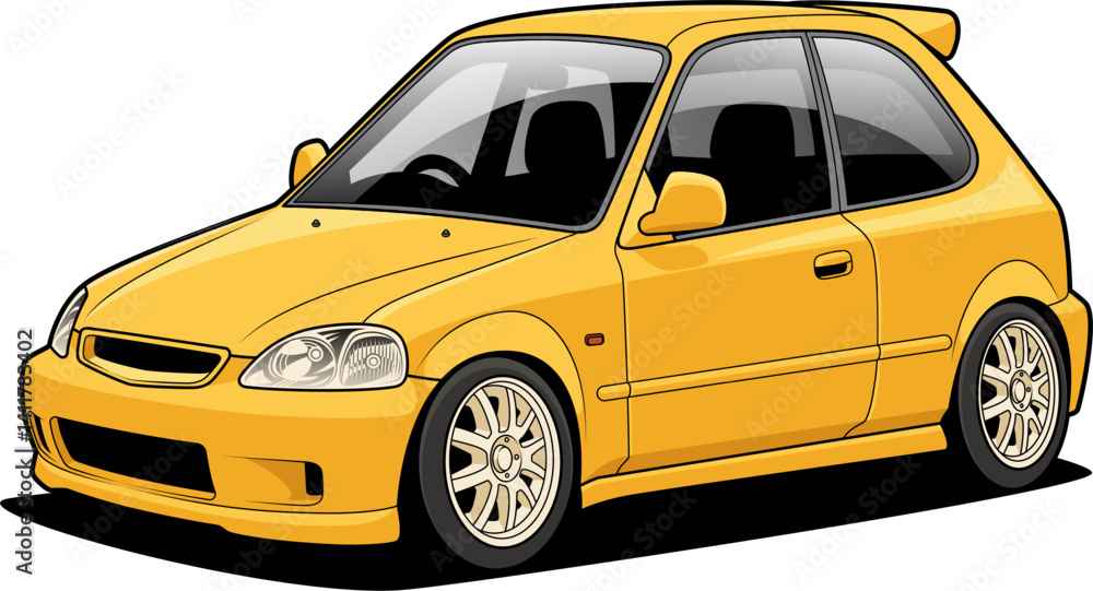 Obraz premium High-quality vector illustration of a stylish yellow hatchback with a sleek design, perfect for automotive themes, advertisements, and creative projects. Ideal for designers and enthusiasts alike