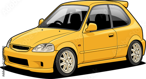 High-quality vector illustration of a stylish yellow hatchback with a sleek design, perfect for automotive themes, advertisements, and creative projects. Ideal for designers and enthusiasts alike