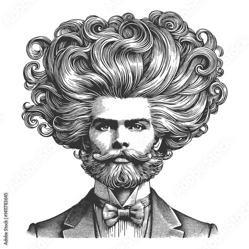 gentleman with an incredibly large, curly hairstyle, blending humor, surrealism, and vintage artistic style sketch engraving generative ai vector illustration. Scratch board. Black and white image.