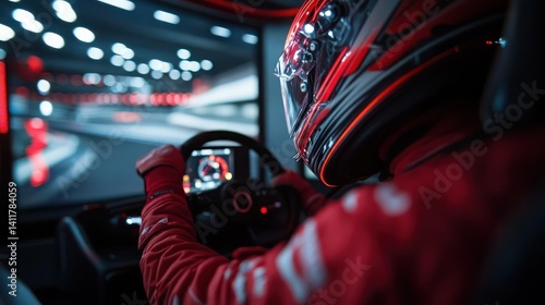 A focused view of a person dressed in racing gear, helmeted, gripping a steering wheel with red gloves, immersed in a racing simulation setup, set against a blurred background of a track with red