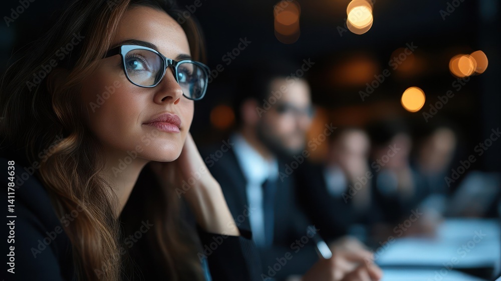 Close-up of a woman with glasses, wearing a dark jacket, looking thoughtful at a table with blurred figures in the background. The scene is illuminated by soft bokeh lights, creating a contemplative Close-up of a woman with glasses, wearing a dark jacket, looking thoughtful at a table with blurred figures in the background. The scene is illuminated by soft bokeh lights, creating a contemplative