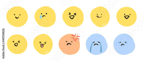 Set of Emoji Faces with Various Expressions