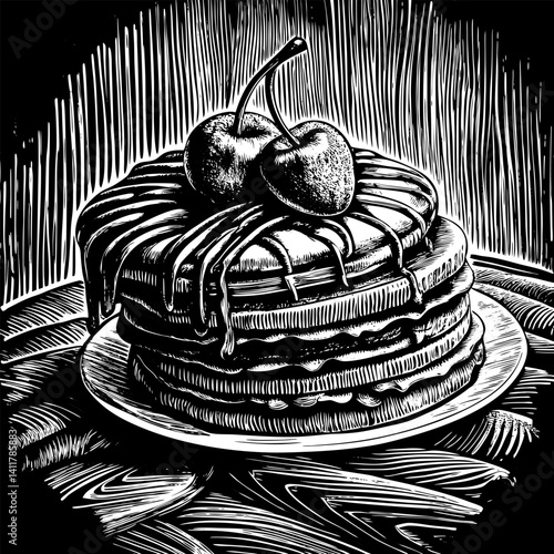 Woodcut Style Pancakes with Cherries Vintage Culinary Art  Illustration