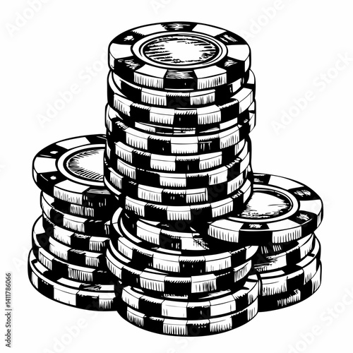Stacked Casino Chips Illustration in Black and White
