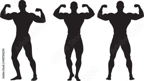 Bodybuilder Silhouettes – Minimalist Black and White Fitness Art with Flexing Muscular Poses


