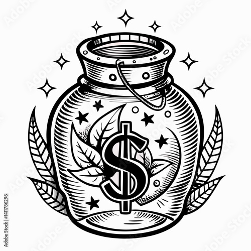 Vintage Financial Savings Jar with Dollar Symbol and Leaves