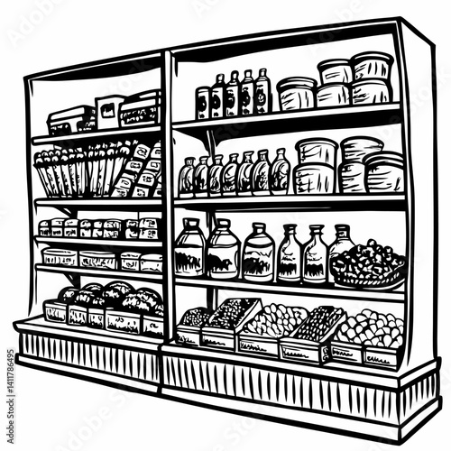 Vintage Grocery Store Shelf with Assorted Products Illustration