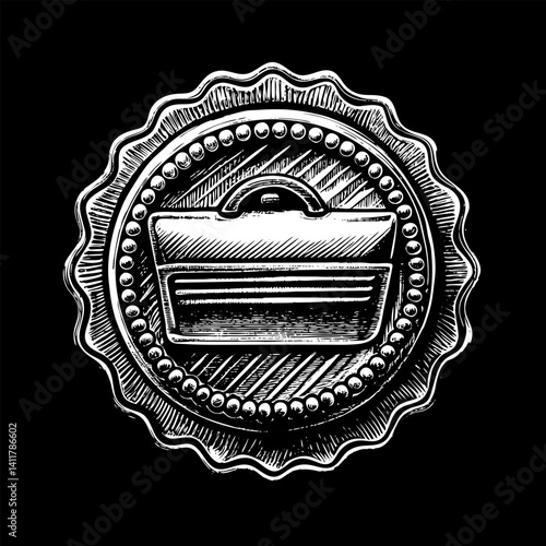 Vintage Monochrome Briefcase Emblem in Circular Frame with Etched Details