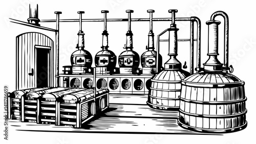 Vintage Distillery Interior with Copper Stills and Wooden Barrels in Classic Engraving Style
