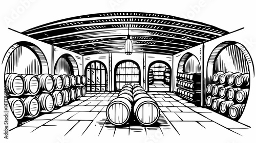 Rustic Wine Cellar with Barrels Hand Drawn Illustration of a Traditional Winery Storage Room