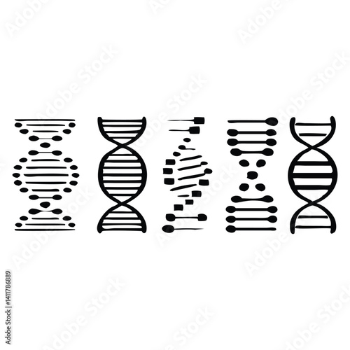 Five stylized DNA strand illustrations, hand-drawn style, black and white.