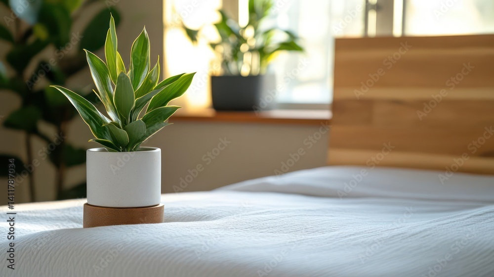 Close up of a small, potted succulent plant on a white textured bed. The plant has vibrant green leaves and is in a minimalistic white pot. Sunlight streams through a window in the background Close up of a small, potted succulent plant on a white textured bed. The plant has vibrant green leaves and is in a minimalistic white pot. Sunlight streams through a window in the background