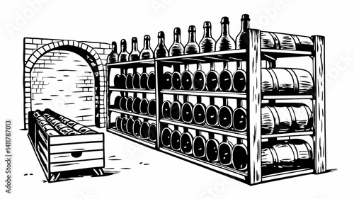 Illustration of Wine Cellar with Bottles and Barrels in Black and White
