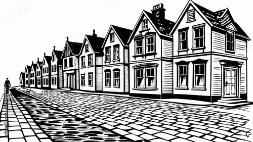 Black and White Village Street with Row of Vintage Houses in Retro Style Illustration