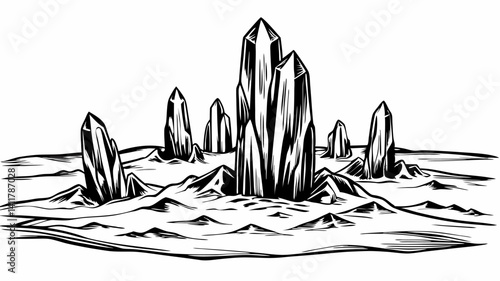 Monochrome Illustration of Sharp Geometric Crystal Formations on a Rocky Surface