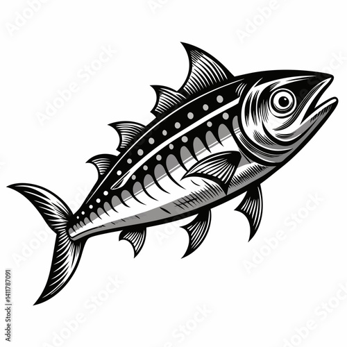 Detailed Black and White Tuna Fish Illustration for Marine Design