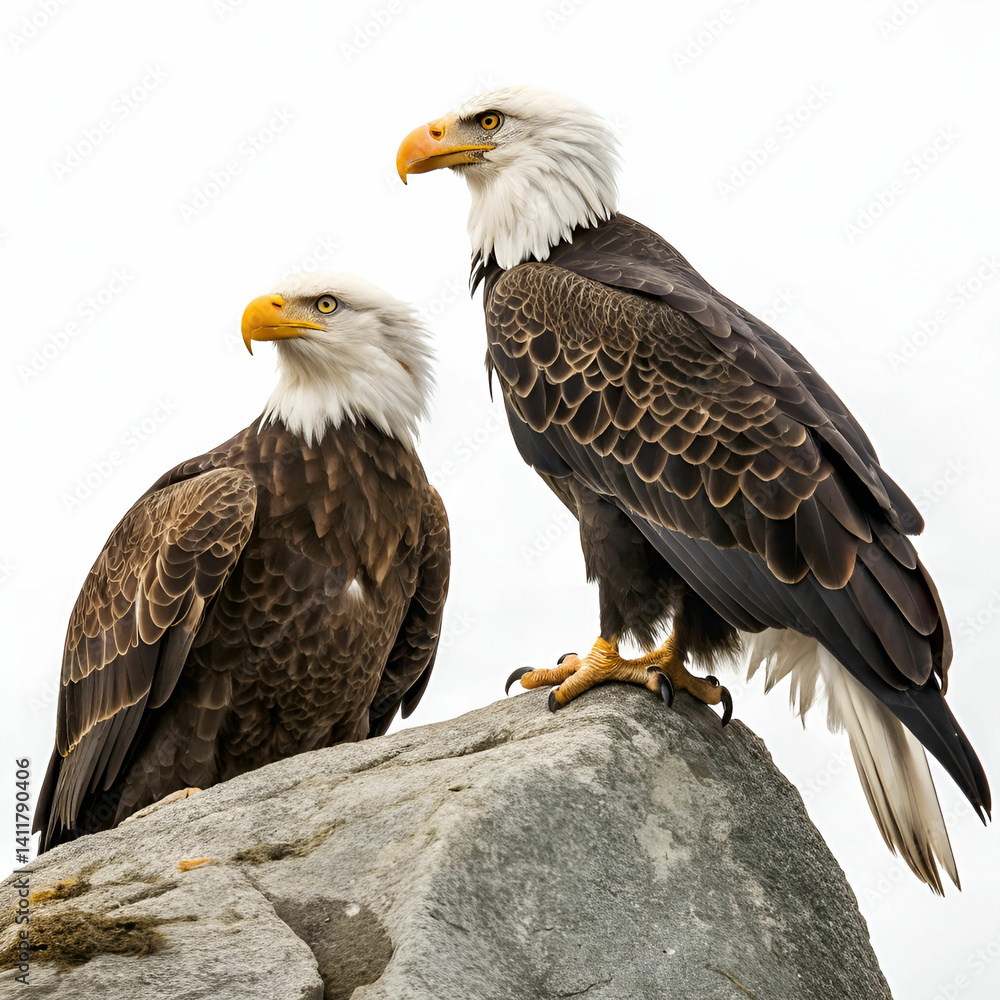 Fototapeta premium Bald eagles, full-frame ultra-detailed image of two majestic eagles in flight, with their powerful wings spread wide against a dramatic sky, capturing every feather and the intensity of their gaze.