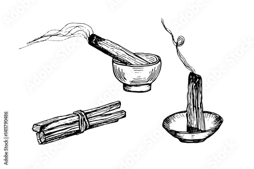 Palo santo tree stick drawing illustration set. Fragrant aroma wooden incense burning stick sketch engraving style vector. Hand drawn line art clipart