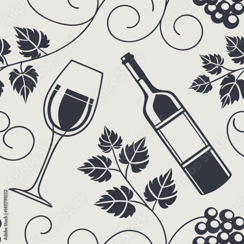 seamless wine vector pattern with glass and bottle on a vine background  