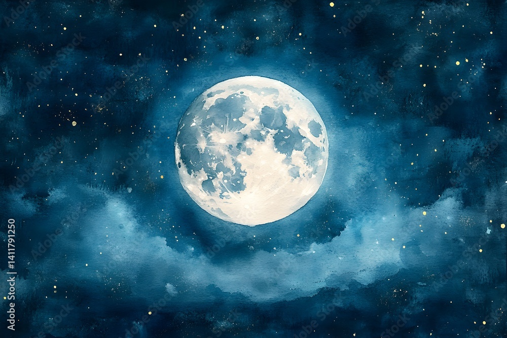 Fototapeta premium Painting of a full moon in the night sky. The painting is in shades of blue and white, with the moon taking up most of the canvas. The stars are scattered throughout the sky