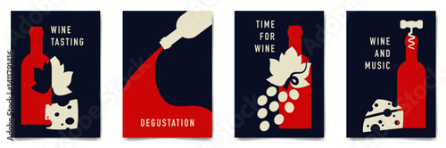 Set of minimalist wine tasting poster design. Flat vector illustration. Bottles of wine, grapes and cheese.