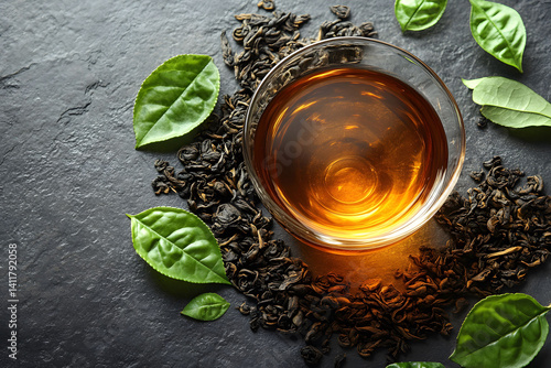 Refreshing Green Tea with Loose Leaves on Slate Background for Wellness Concept