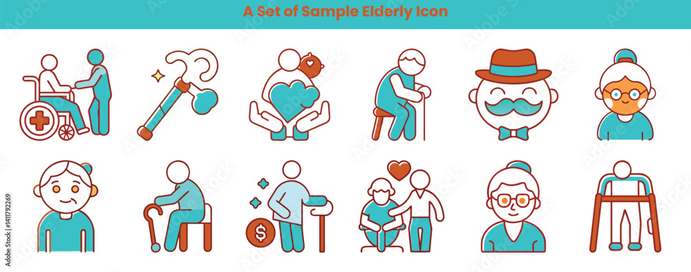 Fototapeta premium Elderly Icons Set, Senior Symbols, Aging Signs, Flat Design, Vibrant Color, Vector