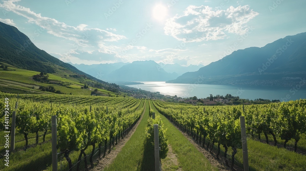 Naklejka premium Scenic Vineyard Landscape Showcasing Rows Of Grape Vines In Sunshine