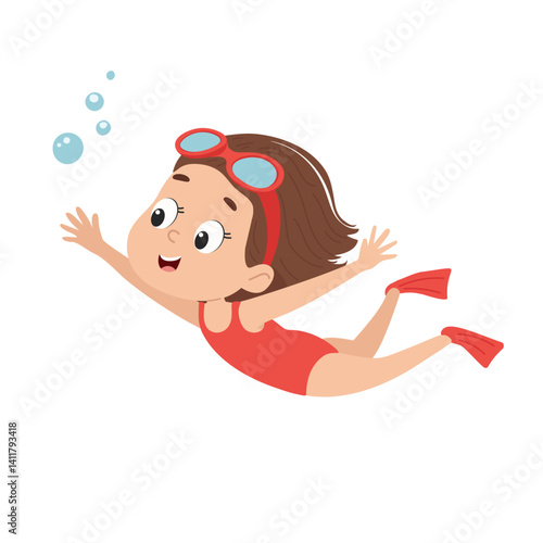 Cute little girl in swimsuit and goggles swimming. Cartoon vector illustration.