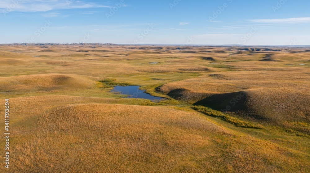 Serene Prairie Landscape: Golden Hills and Quiet Lake Serene Prairie Landscape: Golden Hills and Quiet Lake